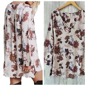 FREE PEOPLE HEARTBEAT Floral Printed Mini Dress Tunic Bell Sleeve Size Small